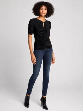 FRAME Shirred Keyhole Knit Top Black Blouson Sleeve Stretch Size M | NWT